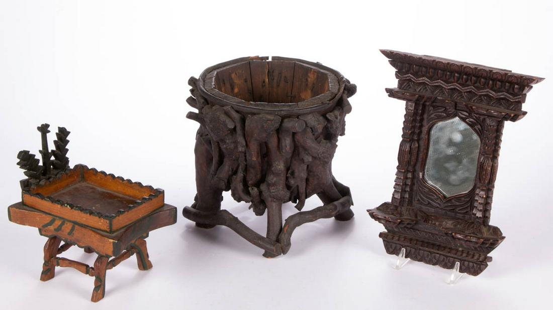 FOLK / TRAMP ART ARTICLES, LOT OF THREE: FOLK / TRAMP ART ARTICLES, LOT OF THREE, comprising a mirror, miniature painted dry sink, and twig / root planter, no signatures located. Late 19th/first quarter 20th century. Planter 7 1/2" H. Very g