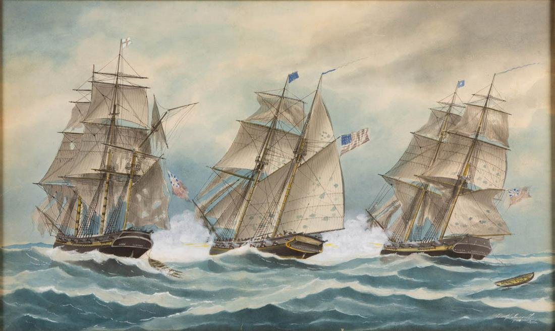 EDWARD JOHN RUSSELL (AMERICAN, 1832-1906), NAVAL BATTLE: EDWARD JOHN RUSSELL (AMERICAN, 1832-1906), NAVAL BATTLE SCENE, watercolor on paper, after an engraving by George Coggeshall called the "Battle of the Dolphin with British Ship Hebe and Three Brothers"