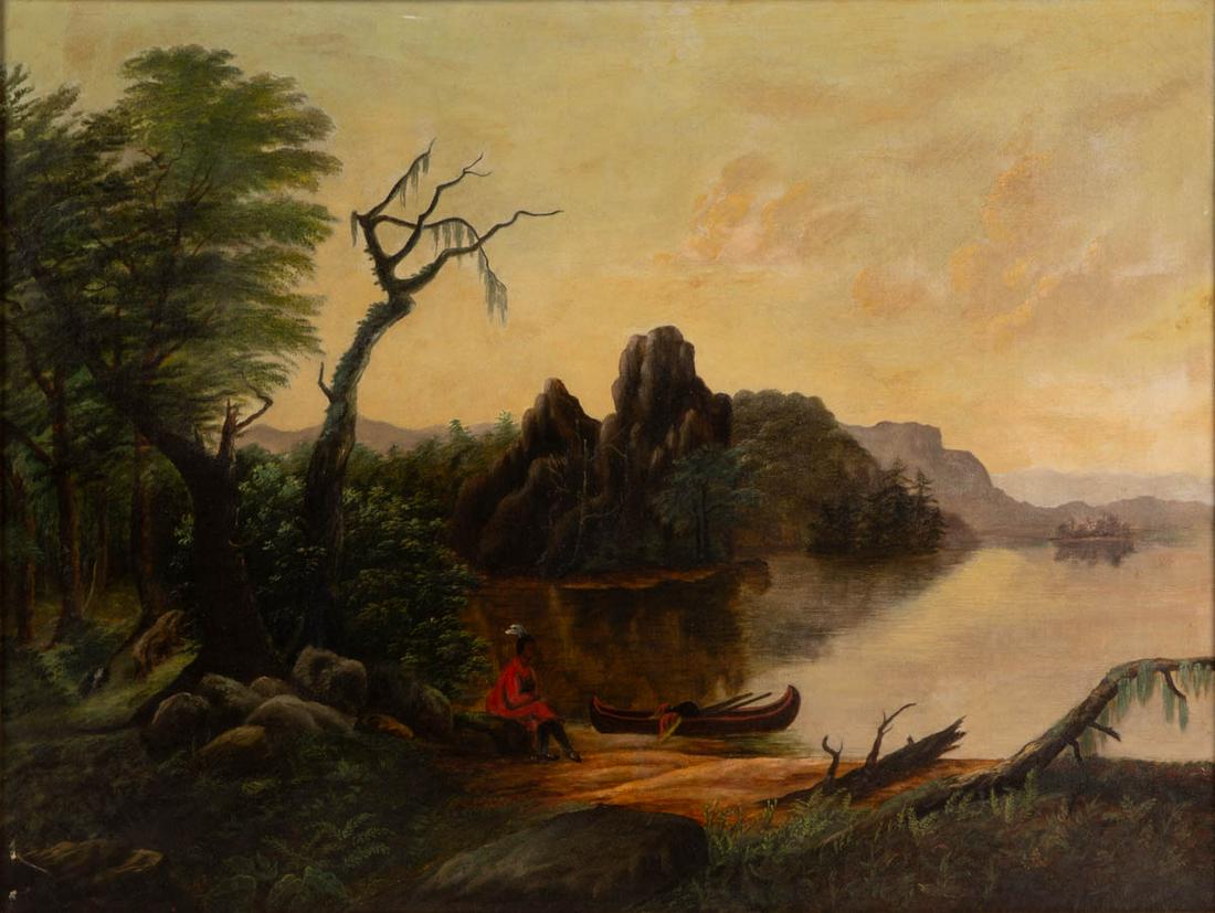 AMERICAN SCHOOL (19TH CENTURY) LANDSCAPE PAINTING: AMERICAN SCHOOL (19TH CENTURY) LANDSCAPE PAINTING, oil on canvas, depicting a Native American woman with canoe near a lake, no signature located. Housed in a figured maple frame. 19th century. 21" x 2