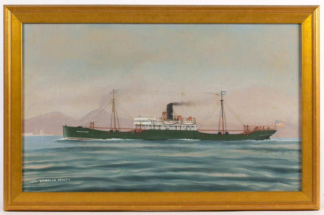 AMERICAN SCHOOL (LATE 19TH/ FIRST QUARTER 20TH CENTURY): AMERICAN SCHOOL (LATE 19TH/ FIRST QUARTER 20TH CENTURY) FOLK ART NAUTICAL PAINTING, watercolor and gouache on paper, profile depiction of a single-stack steamer "SEWALLS POINT" flying an American flag