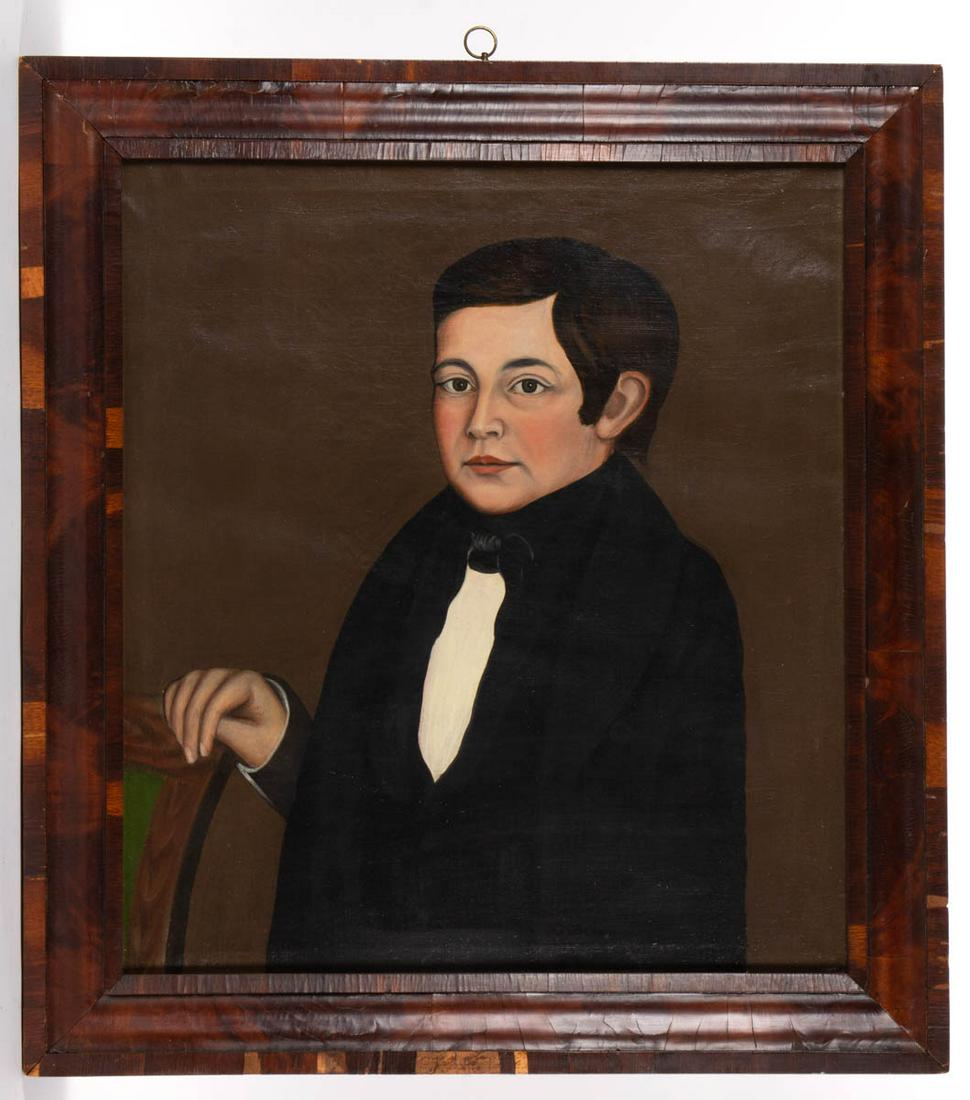 THOMAS WILDER (VERMONT / NEW HAMPSHIRE, 1791-1862) FOLK: THOMAS WILDER (VERMONT / NEW HAMPSHIRE, 1791-1862) FOLK ART PORTRAIT OF A BOY, oil on canvas, waist length depiction of young sitter, Charles Whittemore (1828-1904), aged 14, inscribed on reverse, "By