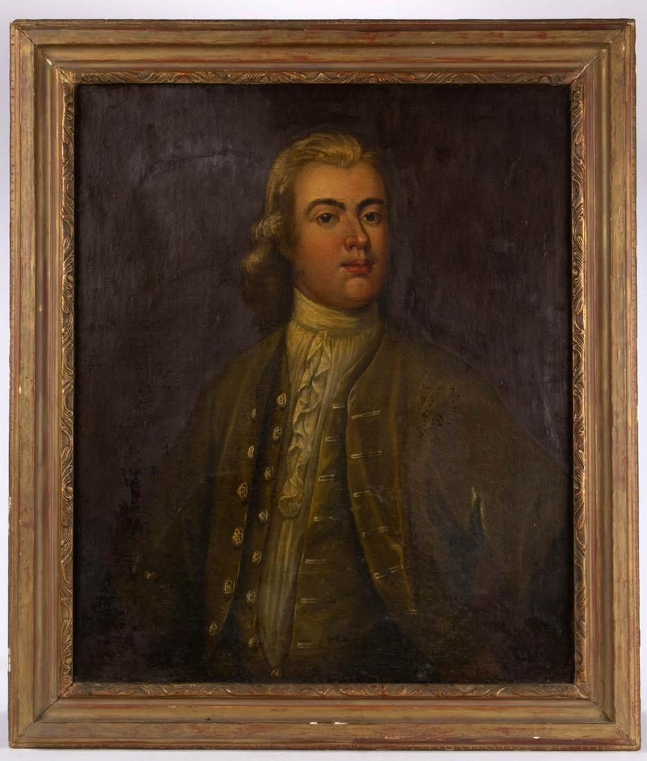 AMERICAN OR BRITISH SCHOOL (18TH CENTURY) COLONIAL-ERA: AMERICAN OR BRITISH SCHOOL (18TH CENTURY) COLONIAL-ERA PORTRAIT OF A MAN, oil on canvas, depicting a dapper young subject with long blonde hair, wearing a stylish olive green waistcoat and jacket, and