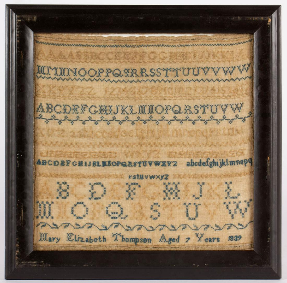FAUQUIER CO., VIRGINIA ATTRIBUTED NEEDLEWORK SAMPLER: FAUQUIER CO., VIRGINIA ATTRIBUTED NEEDLEWORK SAMPLER, silk on linen, ten alphabet and numeral rows segmented by horizontal bands of decorative stitching, signed in the bottom row, "Mary Elizabeth Thom