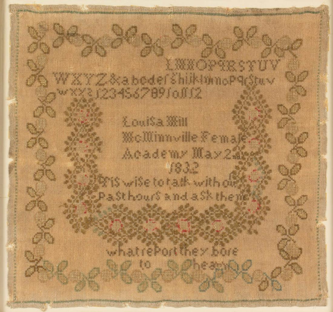 MCMINNVILLE, TENNESSEE ATTRIBUTED NEEDLEWORK SAMPLER: MCMINNVILLE, TENNESSEE ATTRIBUTED NEEDLEWORK SAMPLER, silk on linen, three alphabet and numeral rows in the upper fourth, below signed "Louisa Hill [or possibly Mill] / McMinnville Female / Academy Ma