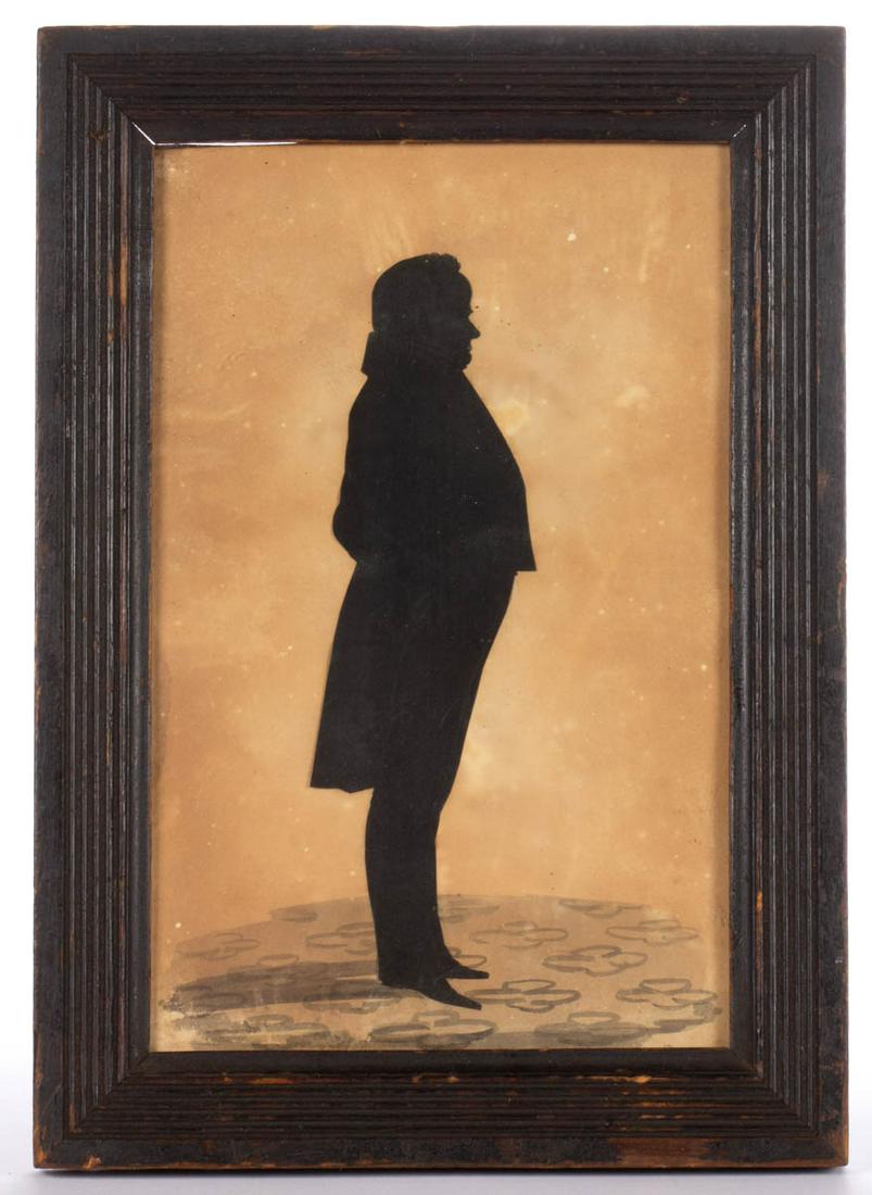 WILLIAM H. BROWN (SOUTH CAROLINA, 1808-1883),: WILLIAM H. BROWN (SOUTH CAROLINA, 1808-1883), ATTRIBUTED, CUT-AND-PASTED SILHOUETTE OF DANIEL WEBSTER, full-length depiction of gentleman, no signature located. Housed under glass in likely original p