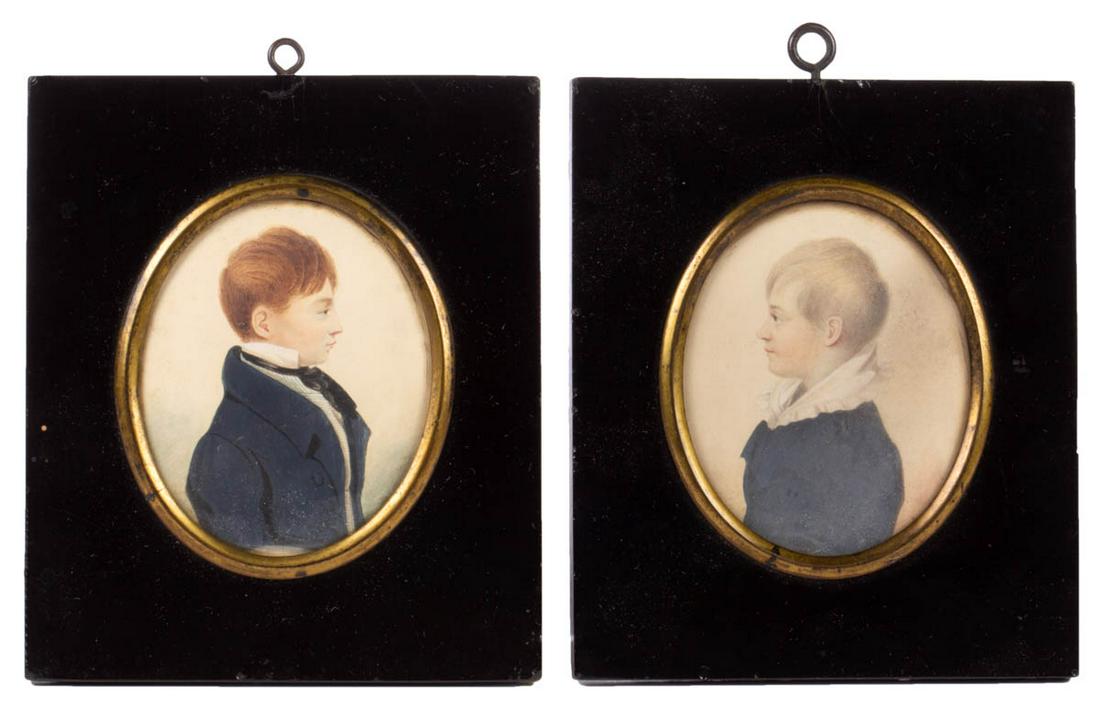 AMERICAN OR BRITISH SCHOOL (19TH CENTURY) FOLK ART: AMERICAN OR BRITISH SCHOOL (19TH CENTURY) FOLK ART MINIATURE PORTRAITS, LOT OF TWO, watercolor on paper, bust-length depiction, identified on verso as "Alexander Chrisholm" and "James Chrisholm", no s