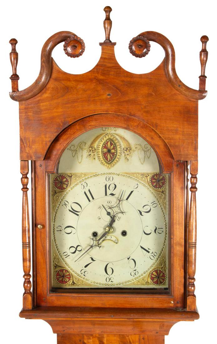 PENNSYLVANIA CHIPPENDALE APPLEWOOD / CHERRY TALL-CASE: PENNSYLVANIA CHIPPENDALE APPLEWOOD / CHERRY TALL-CASE CLOCK, eight-day brass works, painted sheet-iron dial with Arabic Numerals, calendar wheel, and seconds dial. The case in the Chippendale-style wi