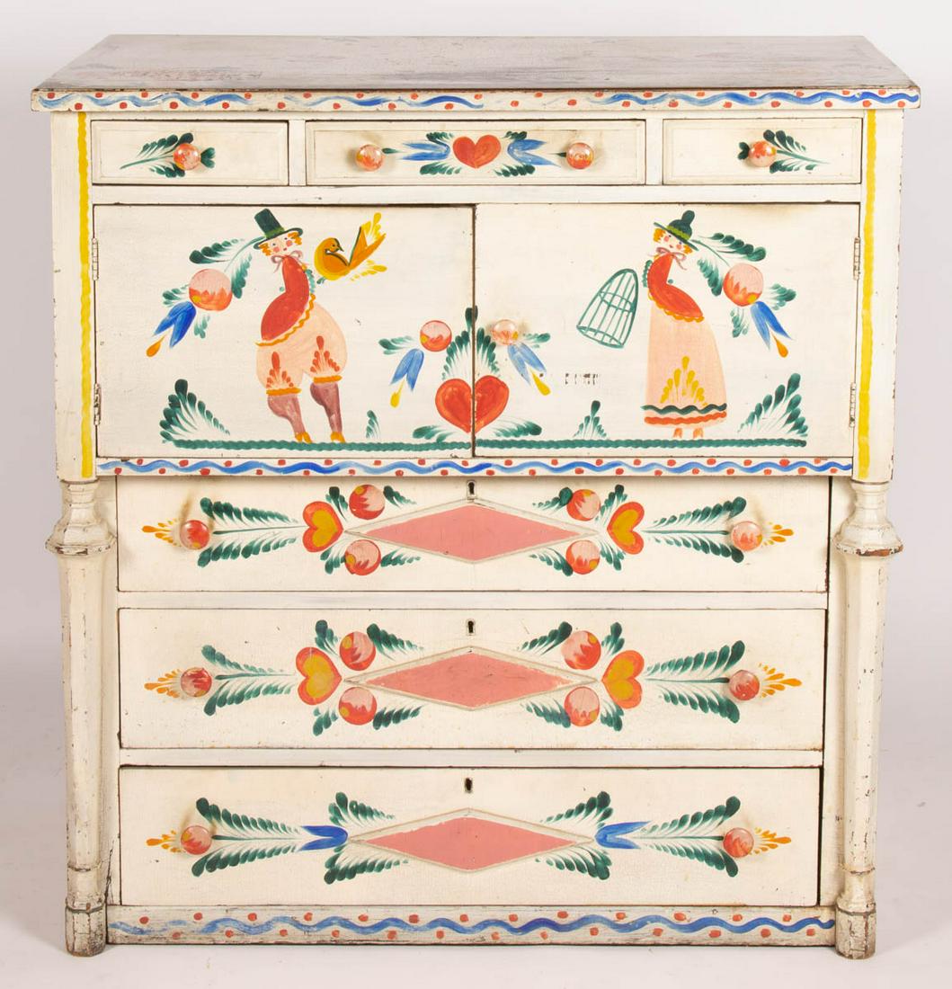 PETER HUNT (CAPE COD, MASSACHUSETTS, 1896-1967): PETER HUNT (CAPE COD, MASSACHUSETTS, 1896-1967) FOLK-ART-DECORATED CHEST OF DRAWERS, rectangular top above three short drawers over two hinged doors over two graduated drawers flanked by columns. Orig