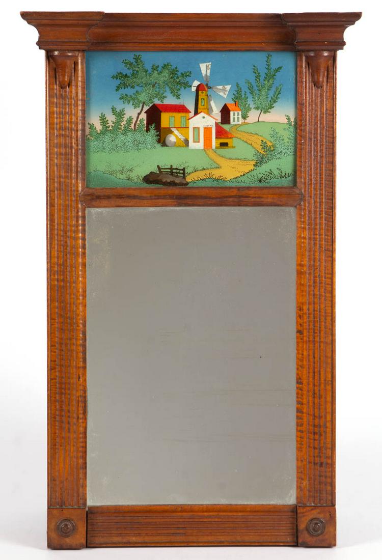 AMERICAN LATE FEDERAL TIGER MAPLE WALL MIRROR: AMERICAN LATE FEDERAL TIGER MAPLE WALL MIRROR, reverse painted upper-tablet depicting a farmhouse and windmill above lower mirror plate, all flanked by fluted half columns topped with projecting molde