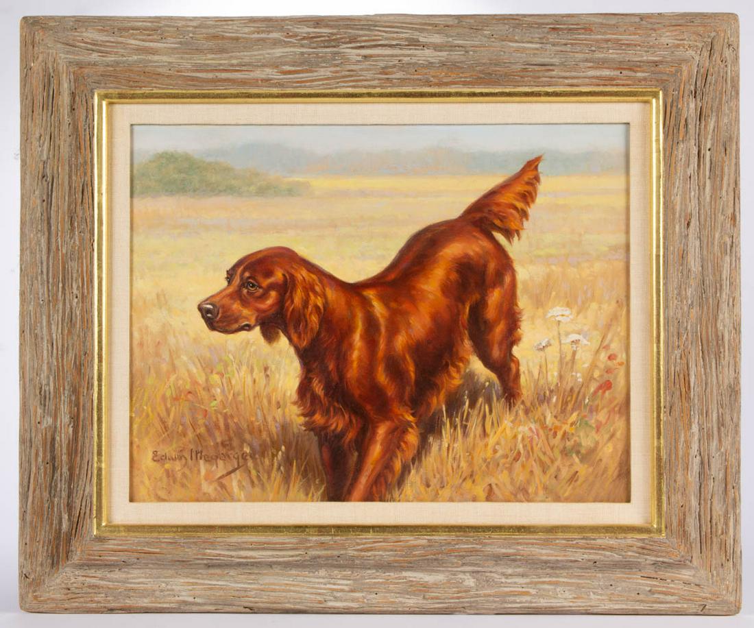 EDWIN MEGARGEE (AMERICAN, 1883-1958) CANINE PAINTING: EDWIN MEGARGEE (AMERICAN, 1883-1958) CANINE PAINTING, oil on board, depicting an Irish Setter in a field, signed "Edwin Megargee" in the lower left corner, titled on reverse "Irish Setter". Housed in