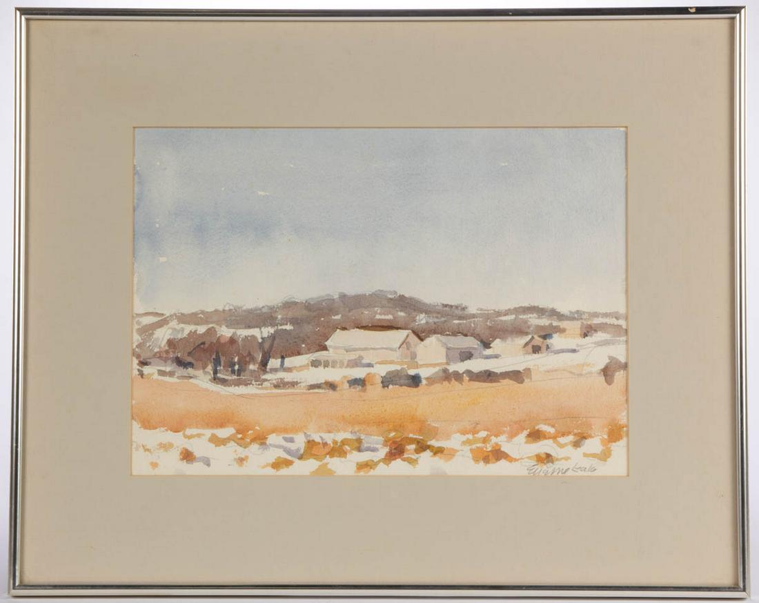 EUGENE LEAKE (MARYLAND, 1911-2005) LANDSCAPE PAINTING: EUGENE LEAKE (MARYLAND, 1911-2005) LANDSCAPE PAINTING, watercolor and pencil on paper, depicting a winter farm scene, signed in lower right corner "Eugene Leake". Housed under glass in a modern frame.