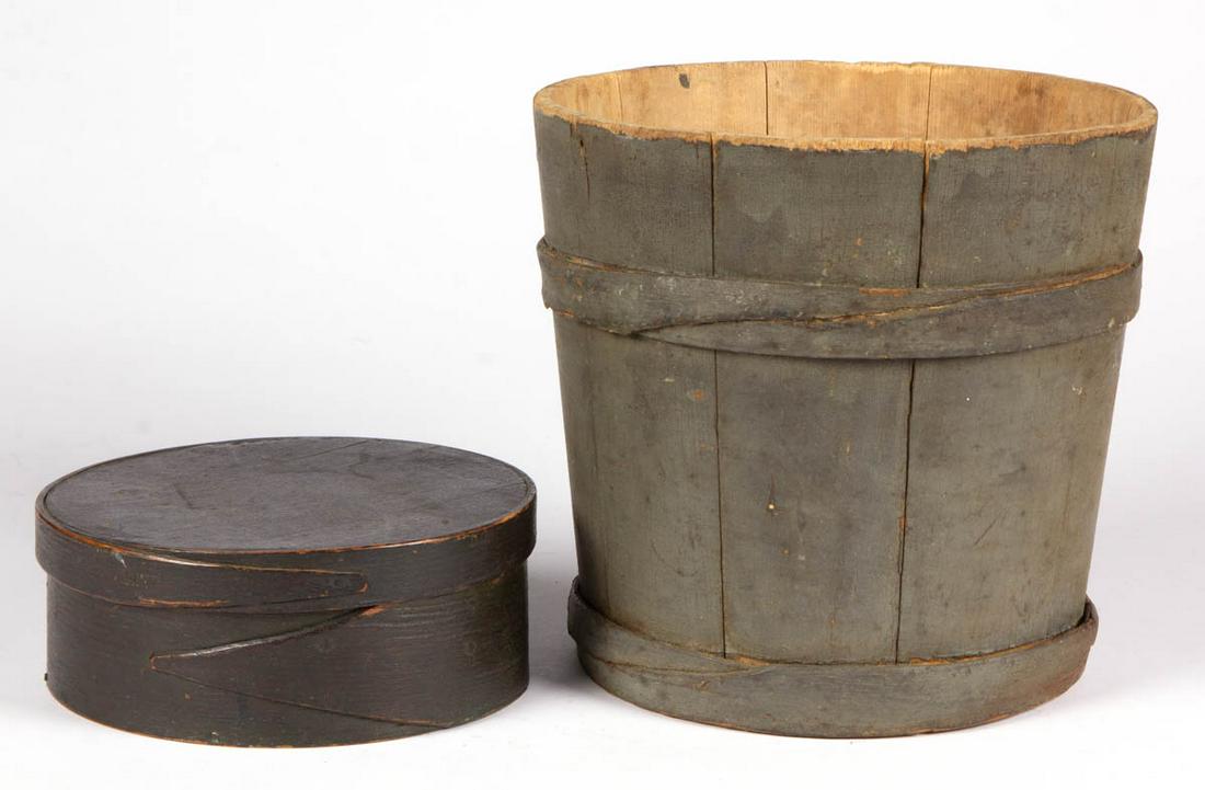 AMERICAN COUNTRY PAINTED TREEN ARTICLES, LOT TWO: AMERICAN COUNTRY PAINTED TREEN ARTICLES, LOT TWO, comprising a bentwood pantry box, and a measure with lapped band construction. Old painted surfaces. 19th century. 2 1/2" and 8 1/4" H. Very good over