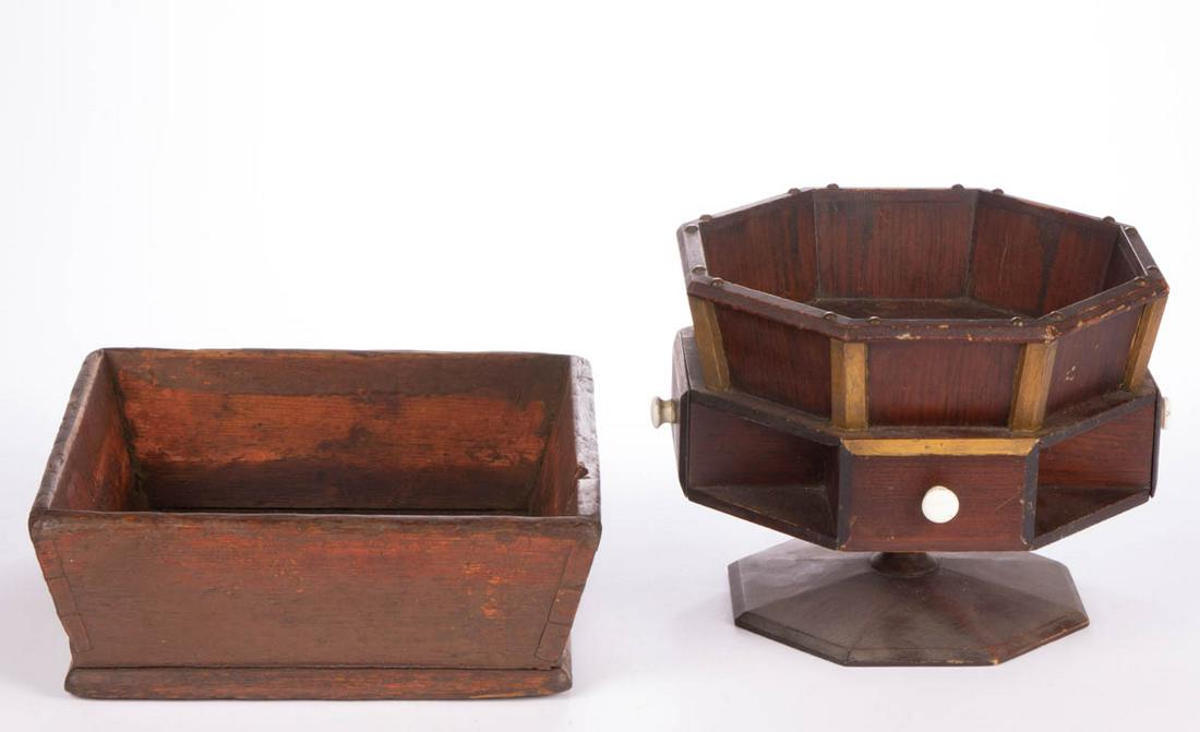 AMERICAN COUNTRY PAINTED ARTICLES: AMERICAN COUNTRY PAINTED ARTICLES, comprising an apple box with dovetailed construction, and a sewing box with lazy Susan-style base and four drawers with likely original porcelain knobs. Each with an