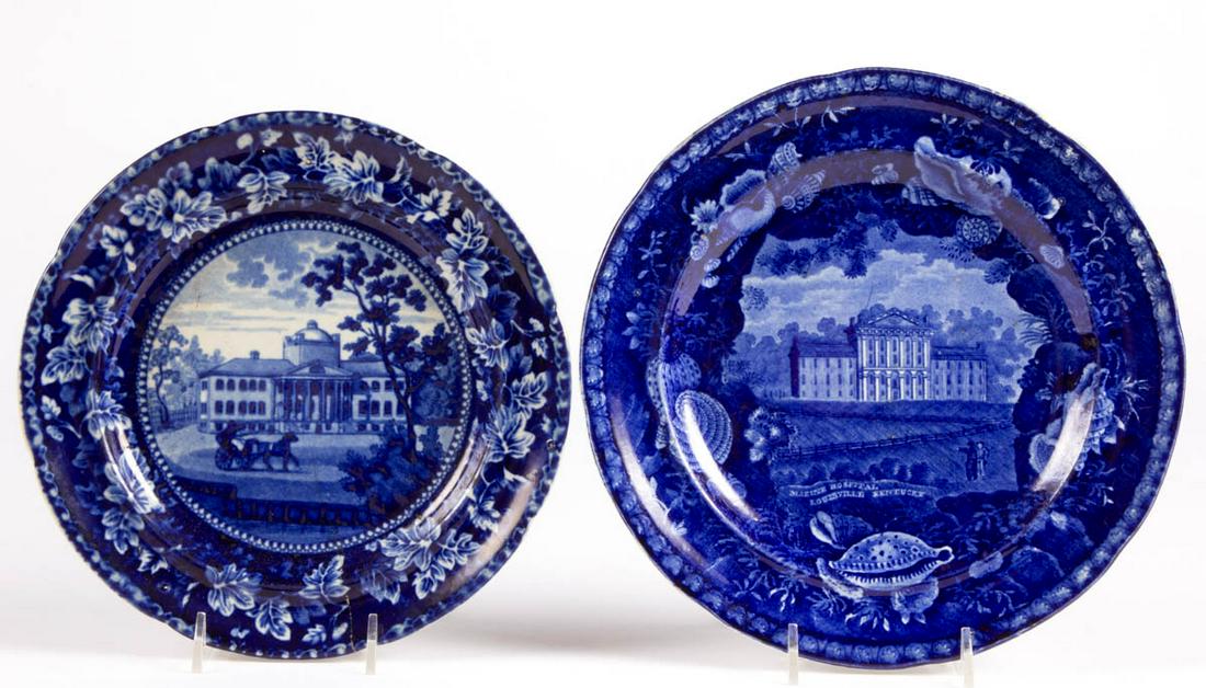 ENGLISH STAFFORDSHIRE PEARLWARE AMERICAN VIEW: ENGLISH STAFFORDSHIRE PEARLWARE AMERICAN VIEW TRANSFER-PRINTED CERAMIC PLATES, LOT OF TWO, comprising one example featuring "MARINE HOSPITAL / LOUISVILLE KENTUCKY", as printed to lower front, impresse