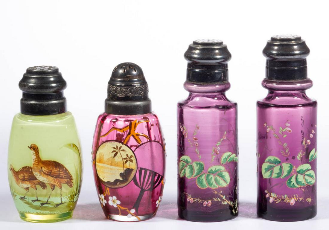 VICTORIAN ENAMEL-DECORATED SALT AND PEPPER SHAKERS, LOT: VICTORIAN ENAMEL-DECORATED SALT AND PEPPER SHAKERS, LOT OF FOUR, comprising a cased Vaseline (reacts under black light) Game Birds, a cased cranberry Panel-Optic example with a Japanese Fan motif, and