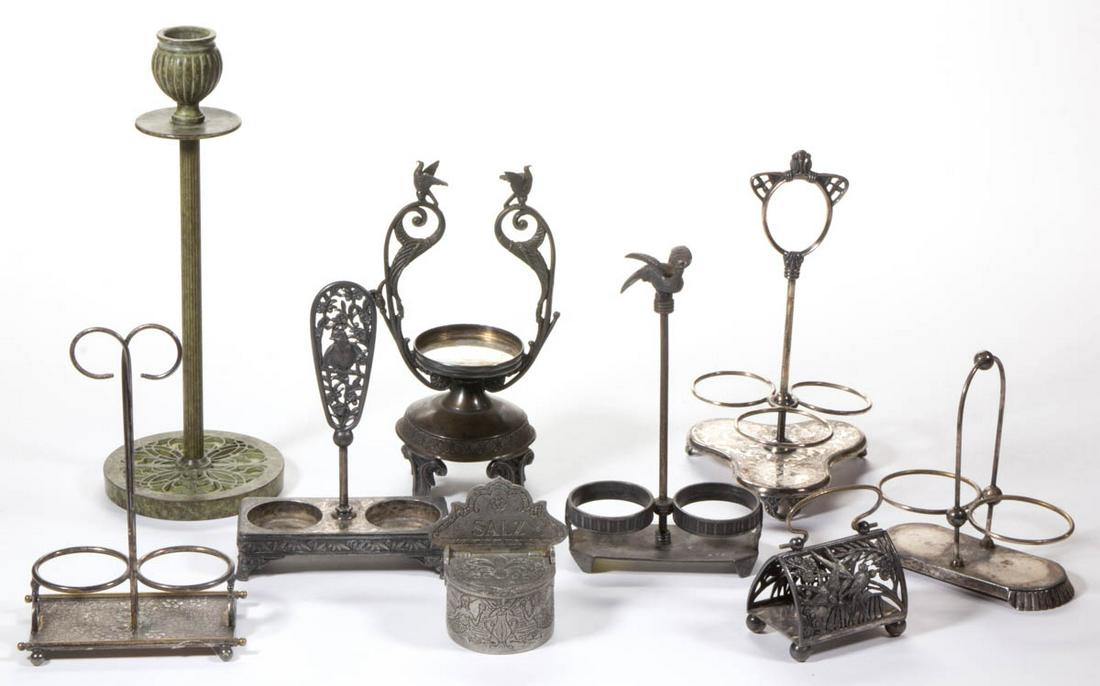 ASSORTED METAL ARTICLES, LOT OF NINE: ASSORTED METAL ARTICLES, LOT OF NINE, comprising five quadruple-plate salt and pepper stands, a quadruple-plate "SALZ" salt container, and a candlestick with applied aged bronze patina and caramel sla