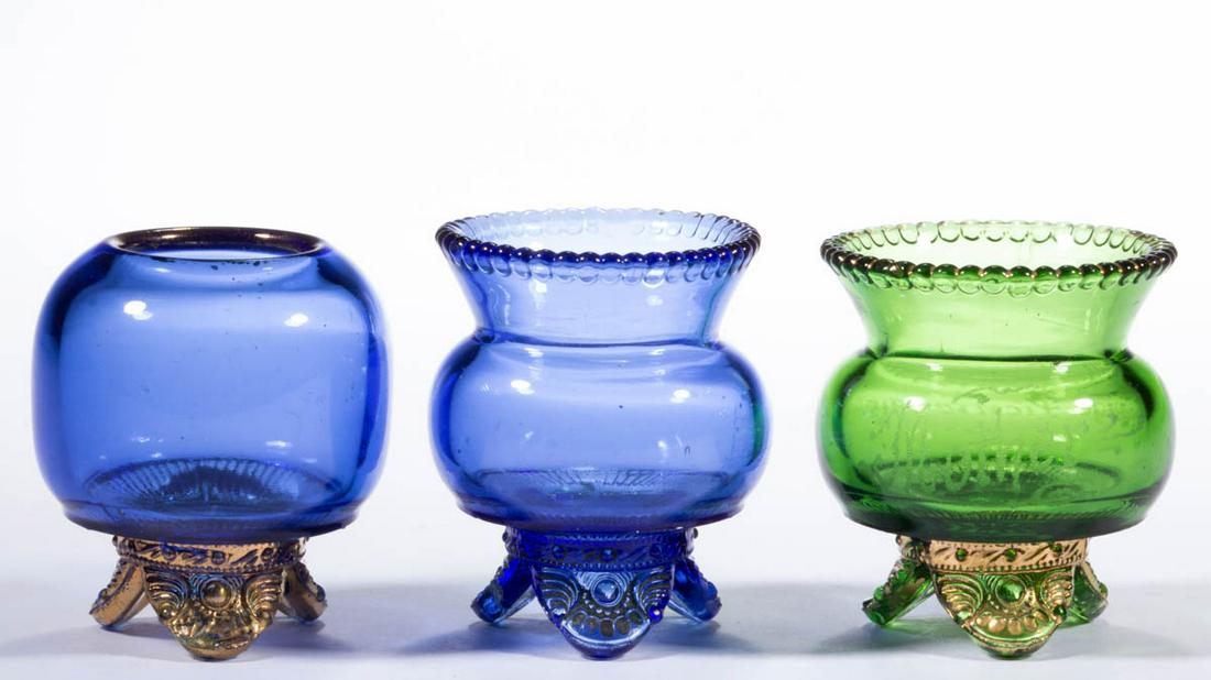 COLORADO / JEWELED MEDALLION TOOTHPICK HOLDERS, LOT OF: COLORADO / JEWELED MEDALLION TOOTHPICK HOLDERS, LOT OF THREE, blue and green with gilt decoration, comprising one globular form and two thistle form examples, green example engraved "Mother/Grange Pic
