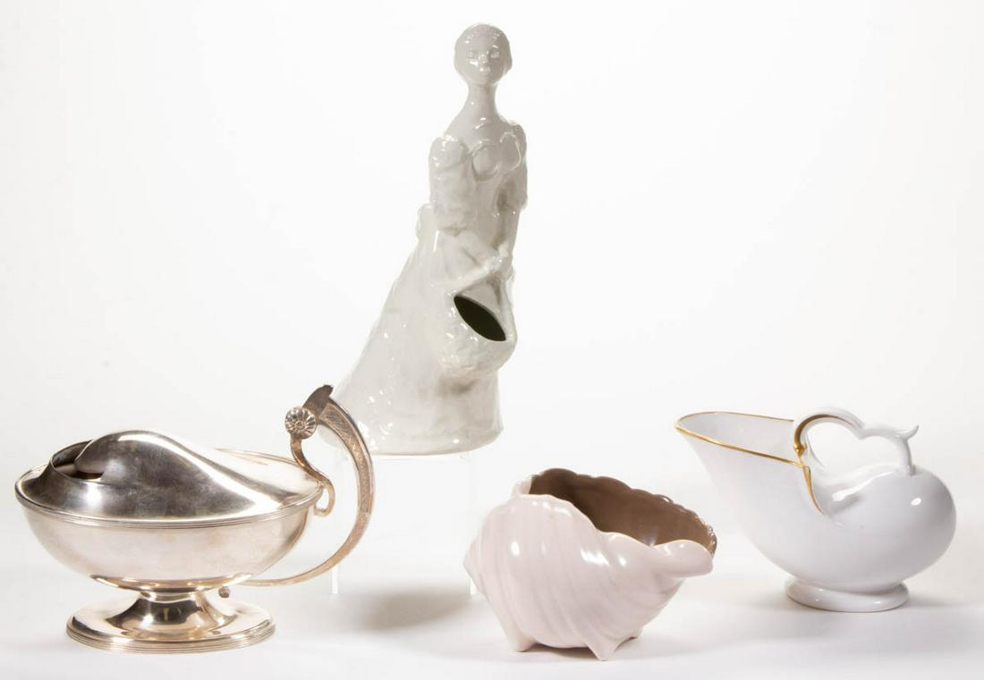 ASSORTED ENGLISH SPOON WARMERS, LOT OF FOUR: ASSORTED ENGLISH SPOON WARMERS, LOT OF FOUR, comprising a silver-plated ovoid form example with reeded rim and foot, impressed "HARD SOLDERED" and mark for William Hutton & Sons of Sheffield to unders