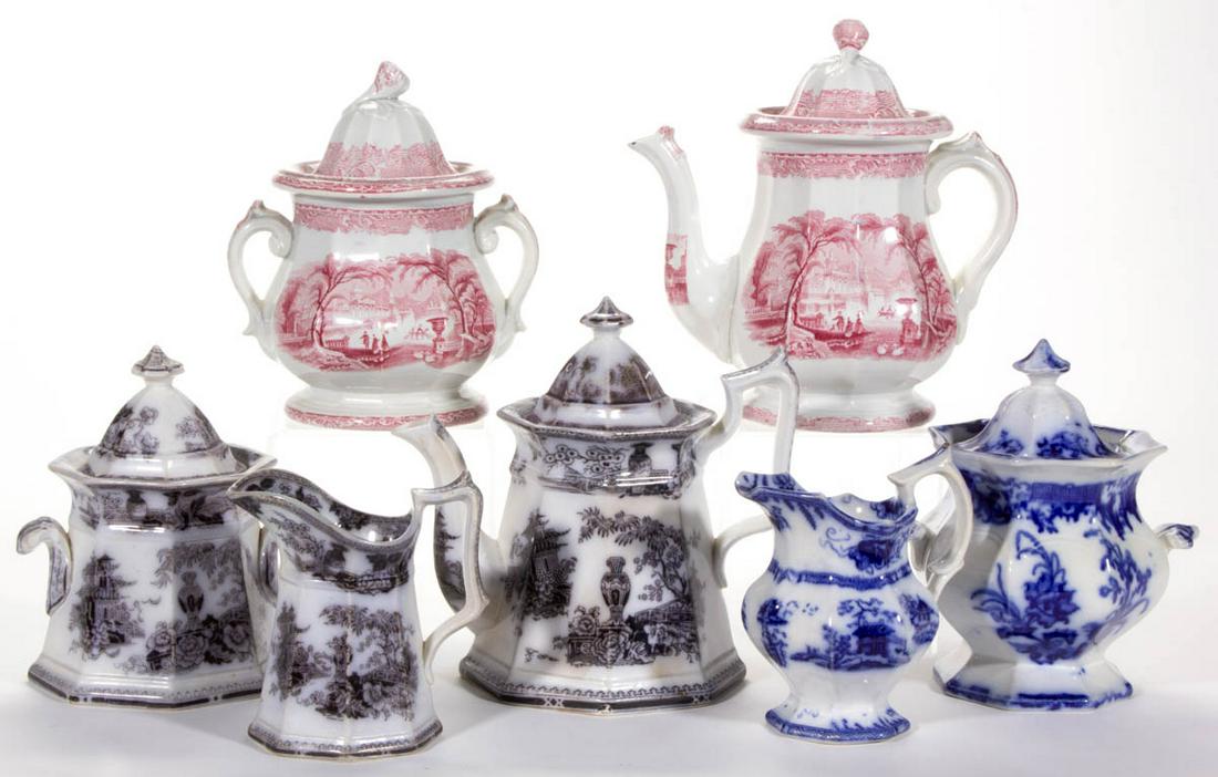 ENGLISH STAFFORDSHIRE TRANSFER-PRINTED IRONSTONE TEA: ENGLISH STAFFORDSHIRE TRANSFER-PRINTED IRONSTONE TEA ARTICLES, LOT OF SEVEN, comprising a three-piece octagonal form tea set with flow mulberry transfer having Chinoiserie-style "JEDDO" pattern, a tea
