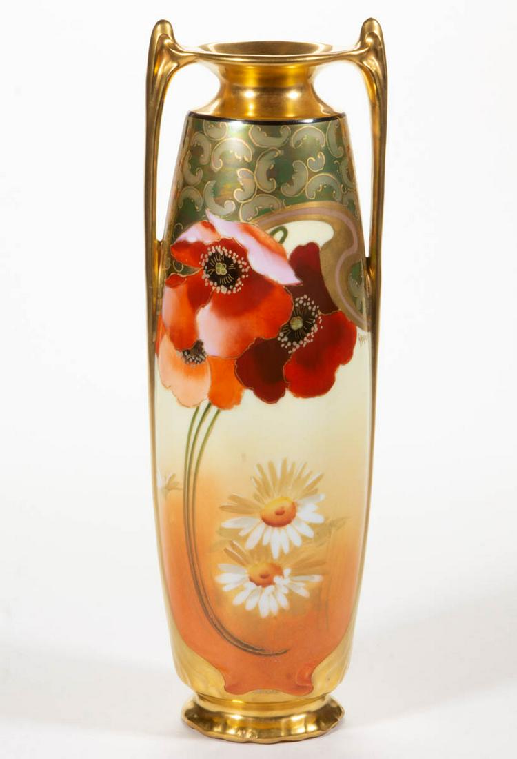 AMERICAN PICKARD-DECORATED ART NOUVEAU PORCELAIN VASE: AMERICAN PICKARD-DECORATED ART NOUVEAU PORCELAIN VASE, featuring beautiful polychrome hand-painted poppies and daisies motif on light yellow and orange ground, iridescent decoration below a heavy gild