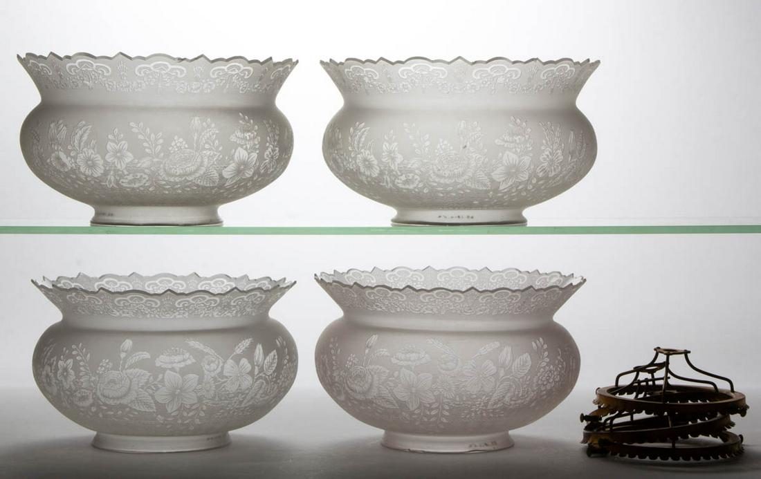 BLOWN ACID-ETCHED FLORAL GLASS GAS SHADES, LOT OF FOUR (1 of 1)
