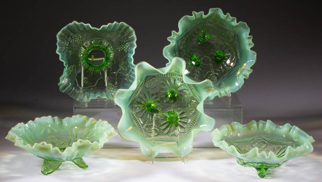 ASSORTED PRESSED OPALESCENT GLASS BOWLS, LOT OF FIVE (1 of 1)