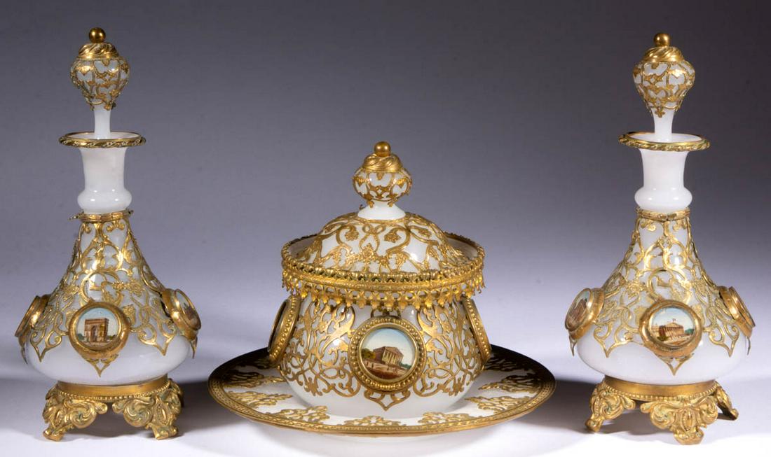 FRENCH CAGED OPALINE GLASS THREE-PIECE DRESSER SET (1 of 3)