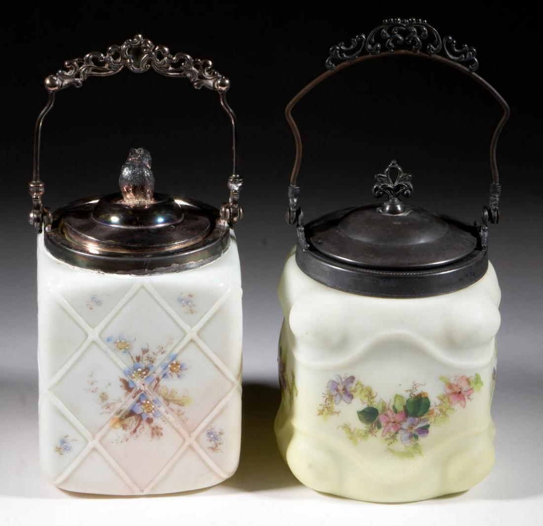 ASSORTED DECORATED OPAL GLASS CRACKER JARS, LOT OF TWO (1 of 1)