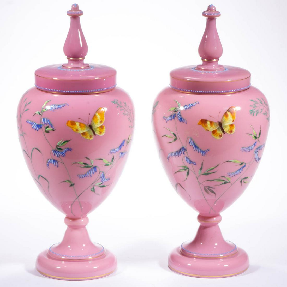 VICTORIAN ENAMEL-DECORATED GLASS PAIR OF MANTLE URNS / (1 of 3)
