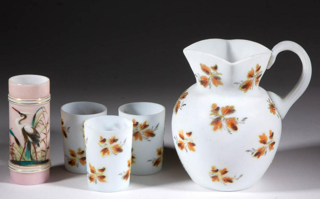 ASSORTED OPAQUE GLASS ARTICLES, LOT OF FIVE: ASSORTED OPAQUE GLASS ARTICLES, LOT OF FIVE, opaque white with polychrome-enamel decoration, comprising a Smith Brothers attributed ring vase with a pink ground and featuring a heron standing in a wet