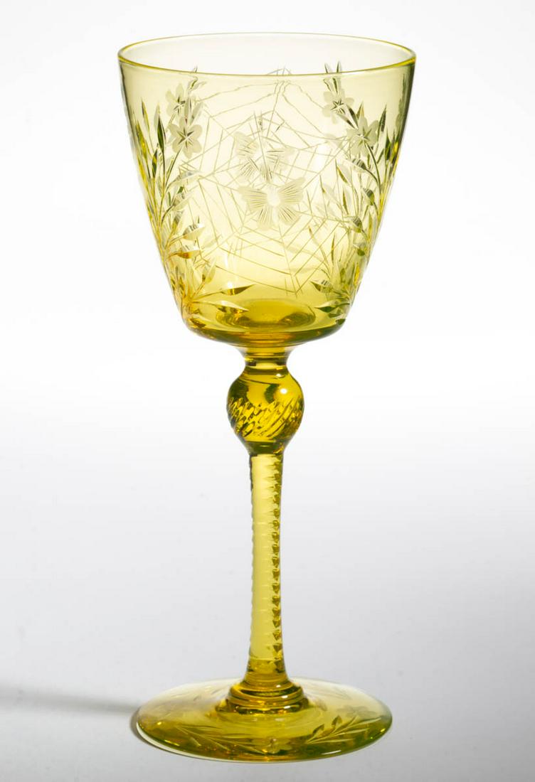 PAIRPOINT ATTRIBUTED COLIAS CUT GLASS GOBLET: PAIRPOINT ATTRIBUTED COLIAS CUT GLASS GOBLET, Canaria (reacts under black light), ovoid bowl with Colias pattern, having a knop extension, raised on a thin zippered stem and applied circular foot, pol