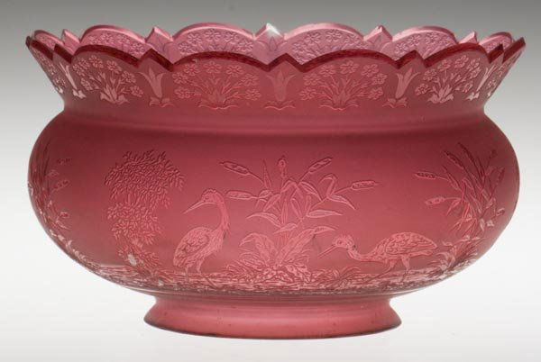 ACID ETCHED SQUAT CROWN SHADE: ACID ETCHED SQUAT CROWN SHADE, cased deep rose with satin finish, cranes in marsh with frogs pattern. 4 3/8" h overall, 3 7/8" greatest dia fitter. Literature: Form as Thuro III, p. 248c. Pattern para