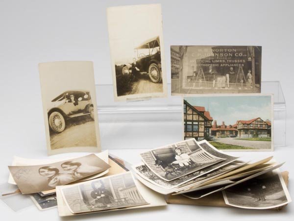 MISCELLANEOUS POST CARDS AND REAL PHOTOS, LOT OF 34: MISCELLANEOUS POST CARDS AND REAL PHOTOS, LOT OF 34, including a leaf, a drawing of a fish, and photos of a stage coach and Betty and Beth Dodge. First quarter 20th century.
