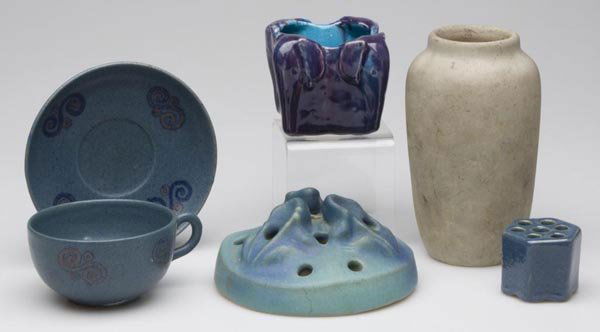 VARIOUS ART POTTERY ARTICLES, LOT OF FIVE: VARIOUS ART POTTERY ARTICLES, LOT OF FIVE, predominantly blue, including a Saturday Evening Girls and a Van Briggle flower frog, and a Weller vase, together with two other articles. First half 20th ce