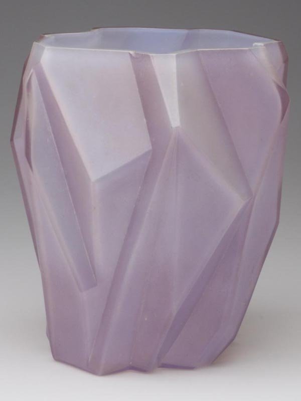 CONSOLIDATED GLASS CO. RUBA ROMBIC VASE: CONSOLIDATED GLASS CO. RUBA ROMBIC VASE, cased Lilac, one of the original patented articles of this Reuben Haley design, polished rim. 1928-1933. 9 1/8" h. Provenance: From a private New York State c