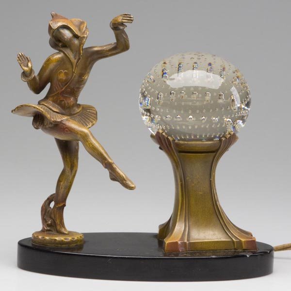 ART DECO DANCING LADY LAMP: ART DECO DANCING LADY LAMP, patinated spelter lady and pedestal for controlled bubble orb through which light shines, slate base, original electrical wiring in unknown working condition. First half 20