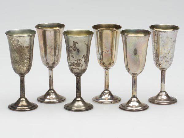 INTERNATIONAL SILVER CO. "LORD SAYBROOK" STERLING: INTERNATIONAL SILVER CO. "LORD SAYBROOK" STERLING CORDIALS, SET OF SIX, three marked under base with company and pattern name, others lacking pattern name. 6.13 ozt. total. 20th century. 3 1/2" h. Pro