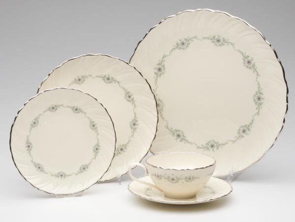 LENOX "MUSETTE" PARTIAL DINNER SERVICE: LENOX "MUSETTE" PARTIAL DINNER SERVICE, polychrome floral decoration, silver edge, 58 pieces consisting of nine 10 1/4" plates, thirteen 7 3/4" plates, thirteen 6 1/4" plates, eleven cups and ten sauc