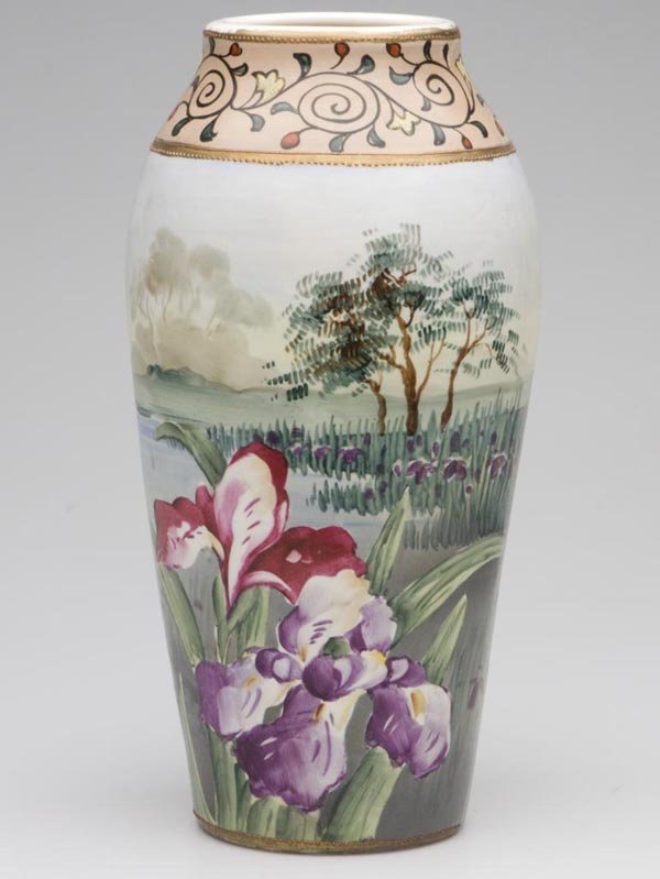 NIPPON VASE: NIPPON VASE, polychrome and gilt decoration with iris, green underglaze mark and original paper label. First half 20th century. 12 1/8" h. Provenance: Estate of Fern I. Hill.