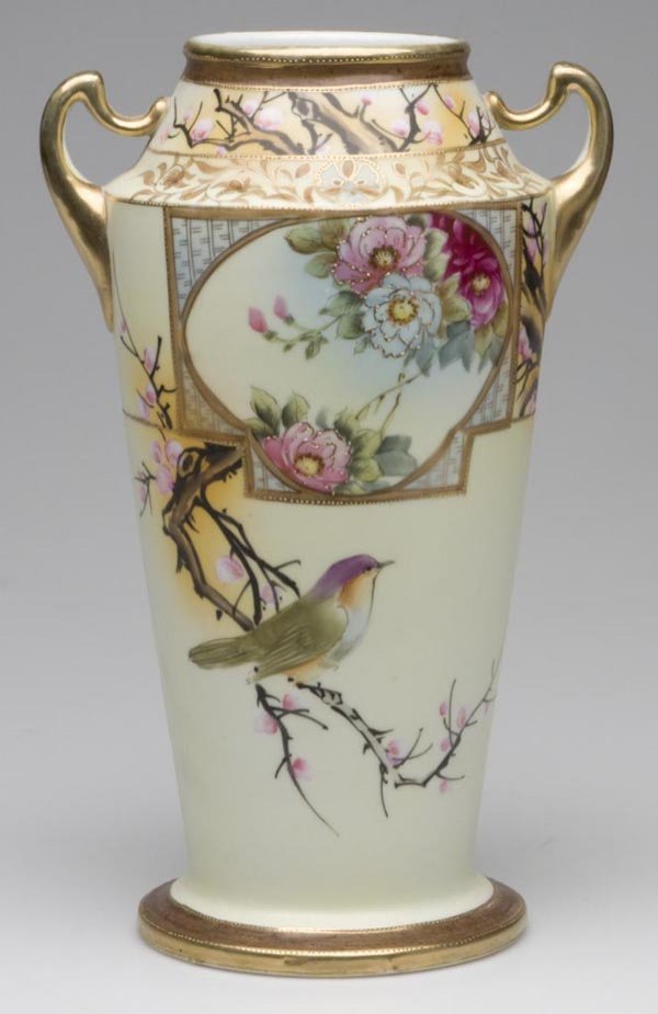 NIPPON VASE: NIPPON VASE, polychrome and gilt decoration with bird, blue overglaze mark. First half 20th century. 12" h.