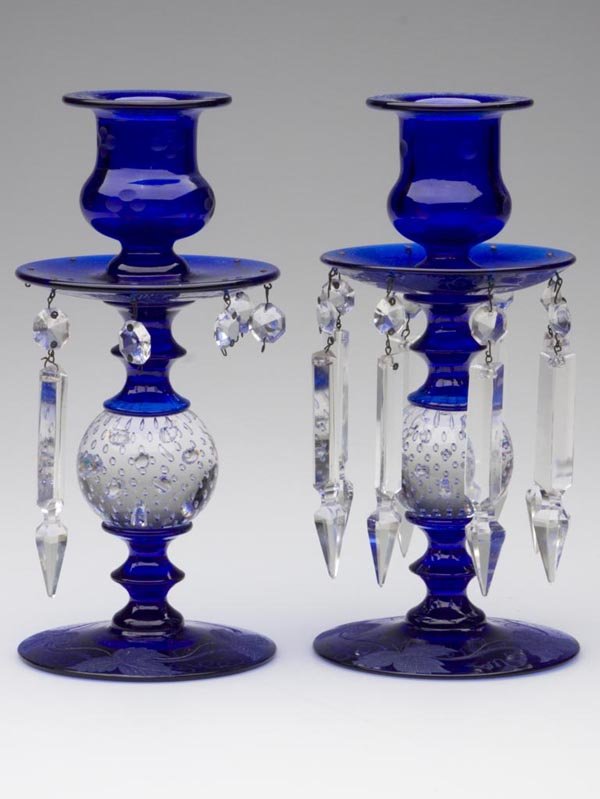 PAIRPOINT CONTROLLED-BUBBLE CANDLEHOLDERS, ASSEMBL: PAIRPOINT CONTROLLED-BUBBLE CANDLEHOLDERS, ASSEMBLED PAIR, cobalt and colorless, #B-1634, one with complete set of Spear Prisms, the other lacking all but one prism, each with polished pontil mark and