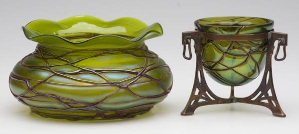 LOETZ "CRETA PAMPAS" ARTICLES, LOT OF TWO: LOETZ "CRETA PAMPAS" ARTICLES, LOT OF TWO, green, brown veining, lightly iridized, consisting of a low bowl with tooled rim and polished pontil mark. and a vase in bronze stand. Attributable to Loetz.