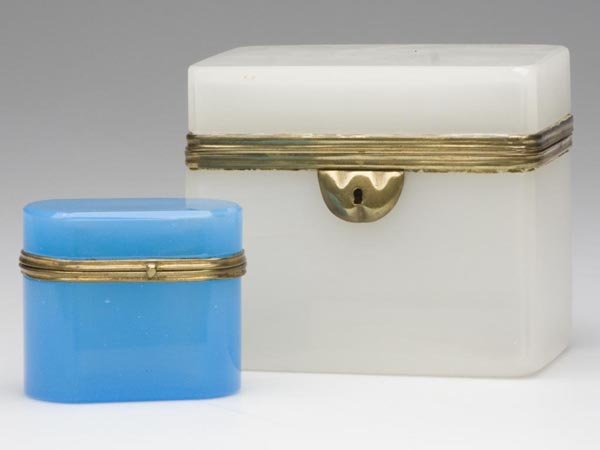 EUROPEAN OPALINE GLASS BOXES, LOT OF TWO: EUROPEAN OPALINE GLASS BOXES, LOT OF TWO, consisting of a clambroth rectangular jewel box with beveled corners and lock, lacking key, and an translucent blue smaller example, beveled edges top and bot