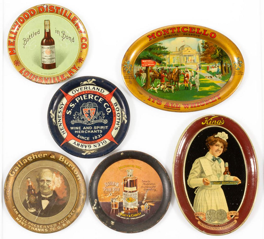 VINTAGE DISTILLERY TIN ADVERTISING TIP TRAYS, LOT OF (1 of 2)