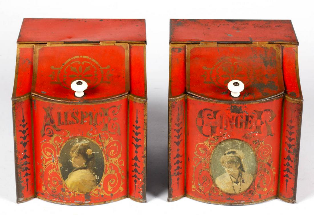 PAIR OF COUNTRY STORE TIN SPICE BINS (1 of 3)