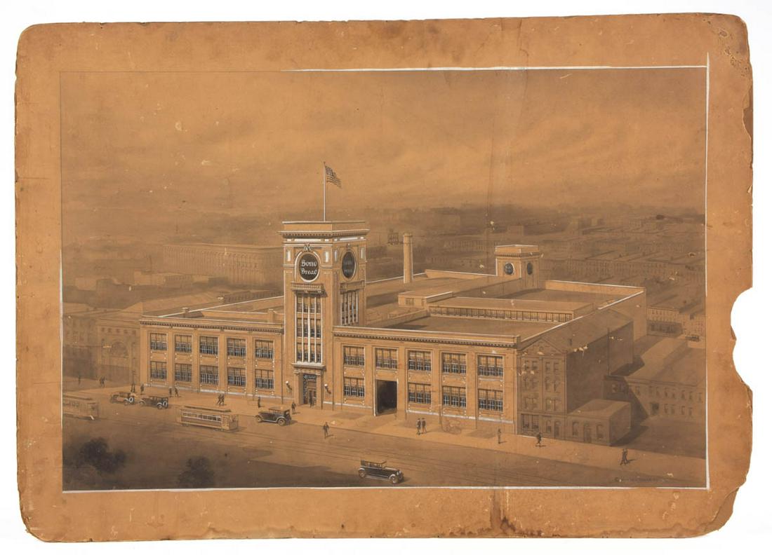 BROOKLYN BOND BREAD FACTORY ARCHITECT'S RENDITION: BROOKLYN BOND BREAD FACTORY ARCHITECT'S RENDITION, watercolor and gouache on artist's board, with automobiles and street cars in front, signed Adams & Grace Co. lower right. Circa 1925. 27" x 38" OA. 