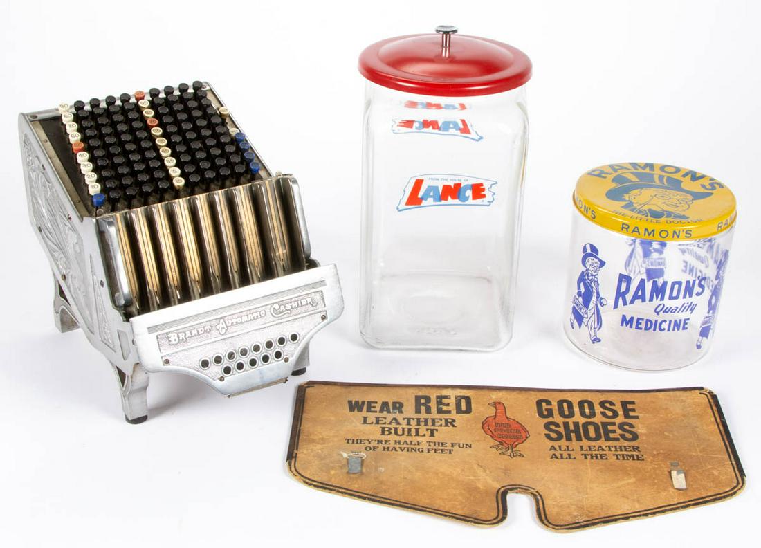 VINTAGE COUNTRY STORE ADVERTISING ARTICLES, LOT OF FOUR: VINTAGE COUNTRY STORE ADVERTISING ARTICLES, LOT OF FOUR, comprising a nickel-plated Brandy Automatic Cashier, a large Lance Crackers glass store jar with cover, a Ramon's Quality Medicine glass store