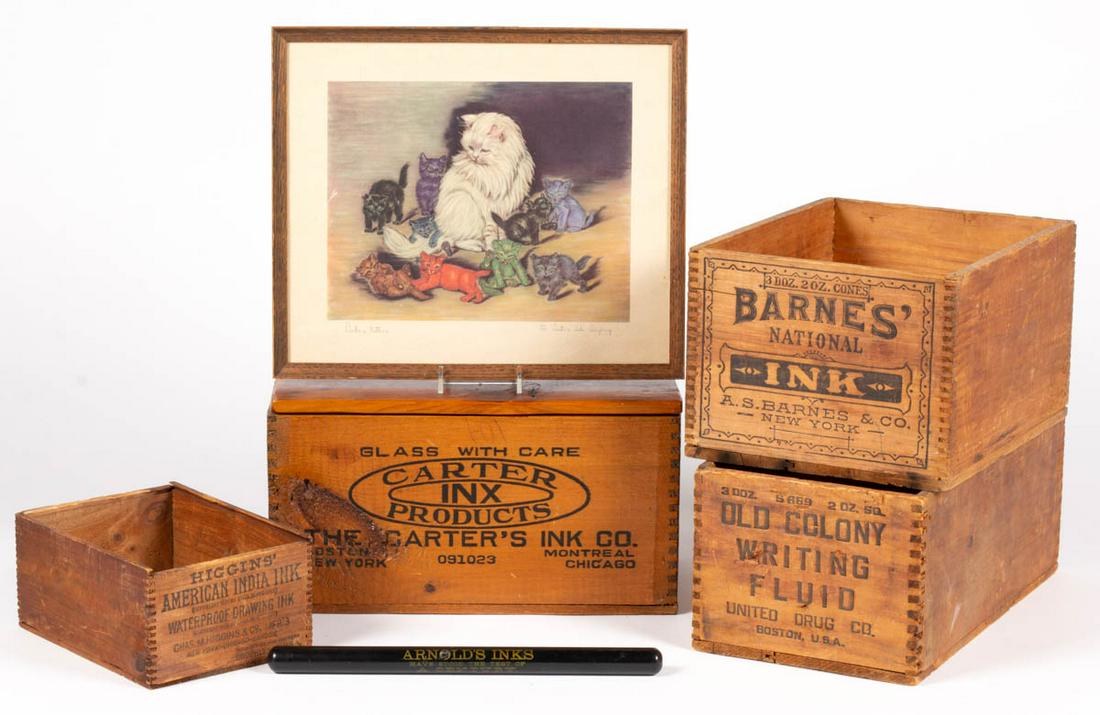 ASSORTED INK COUNTRY STORE ADVERTISING ARTICLES, LOT FO: ASSORTED INK COUNTRY STORE ADVERTISING ARTICLES, LOT FO SIX, comprising four crates for Barnes', Old Colony Writing Fluid, Carter Ink, and Higgins' American India Ink, Arnold's Ink black ink roller, a
