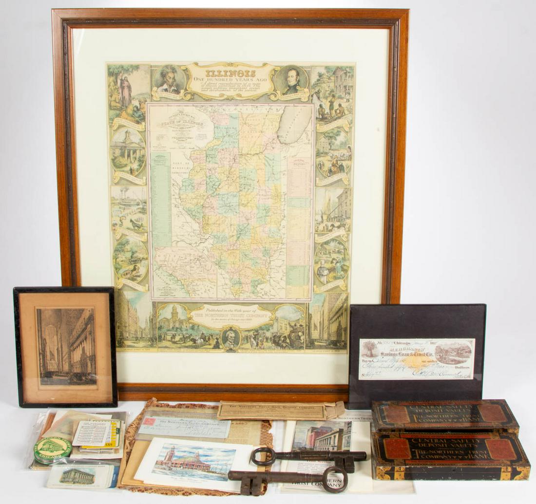NORTHERN TRUST COMPANY ADVERTISING EPHEMERA AND OTHER: NORTHERN TRUST COMPANY ADVERTISING EPHEMERA AND OTHER ARTICLES, UNCOUNTED LOT, more than 30 pieces, including a framed colored lithograph print featuring a map of Illinois surrounded by various vignet