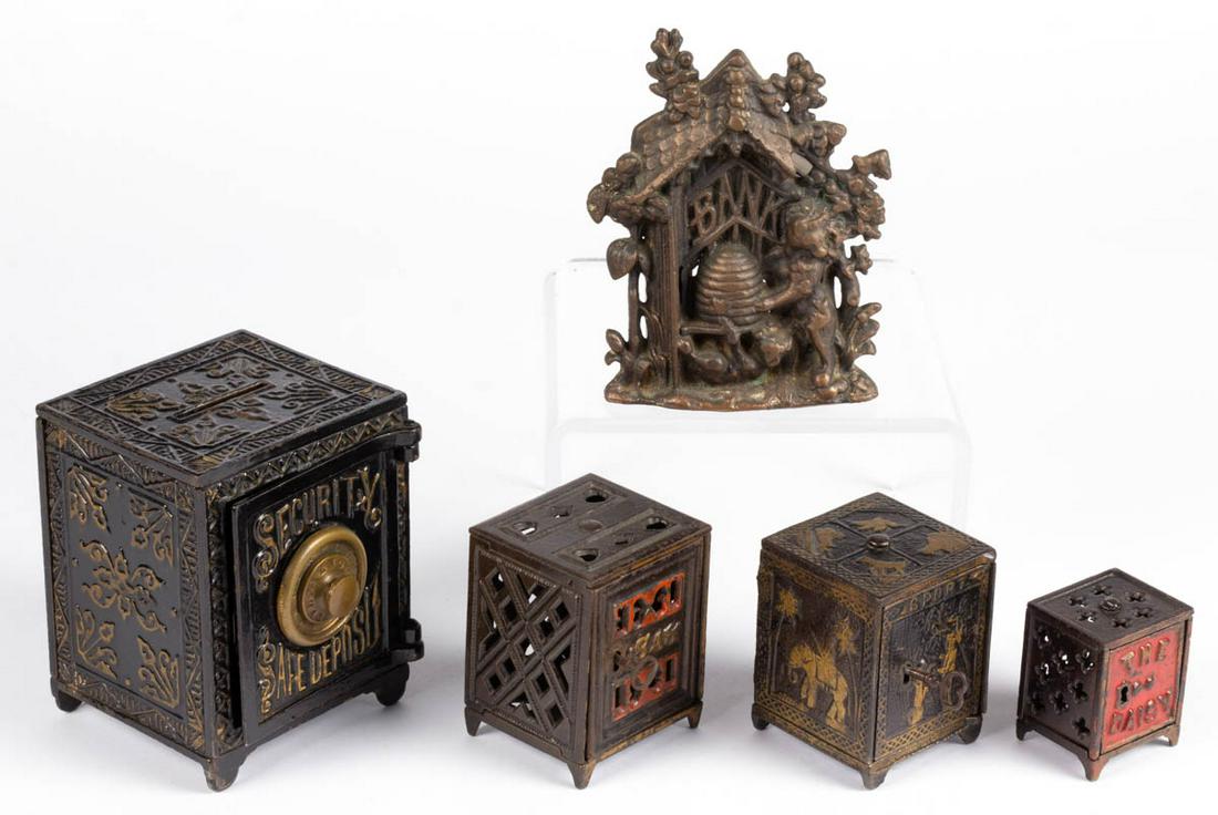 ASSORTED CAST-IRON PENNY / STILL BANKS, LOT OF FIVE (1 of 2)